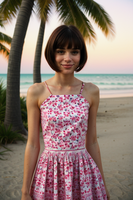 MarieGrippon, photograph by (Rodney Smith:1.3), modelshoot, pose, windblown waves, colorful blush, (floral sundress), Miami Beach sunset backdrop, Canon T90, 50mm f/1.4, 1/125s, ISO 100, Ektachrome E100, smile, (slim, fit:1.3)