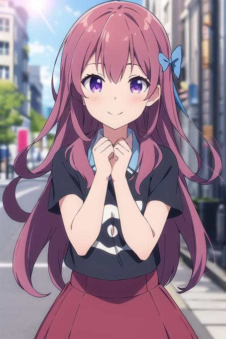 masterpiece, best quality,1girl,solo,karasuma chitose,pink hair,long hair,purple eyes,blue hair bow,blue shirt,red skirt,<lora:karasumachitose:0.6>,outdoors, sunlight, lens flare, city,street