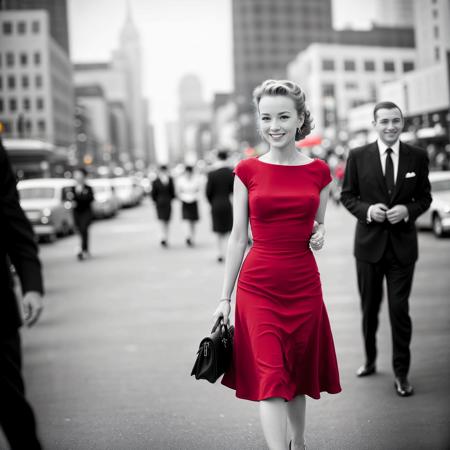 <lora:shallowfocus_style_v1_2700_lora:1> (shallowfocus style:1), photo of a 1950's woman in a red dress, smiling face, walking on a downtown city street, crowd of men in suits