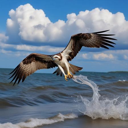 osprey eagle in flight rushing into the sea with a fish in its paws, blue sky background with cumulo-nimbus cloud, photography very realist