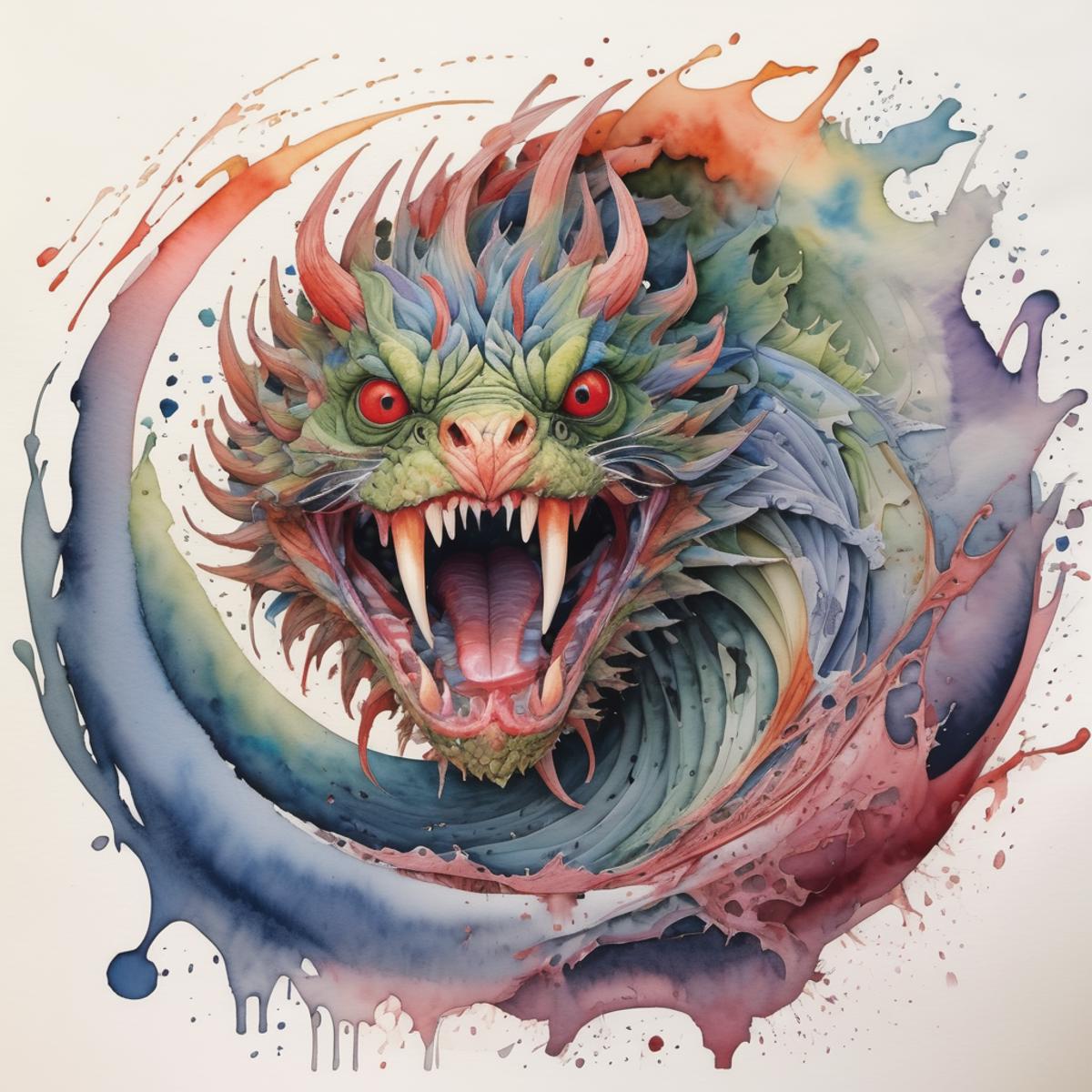 A colorful and detailed dragon painting with red and green eyes.