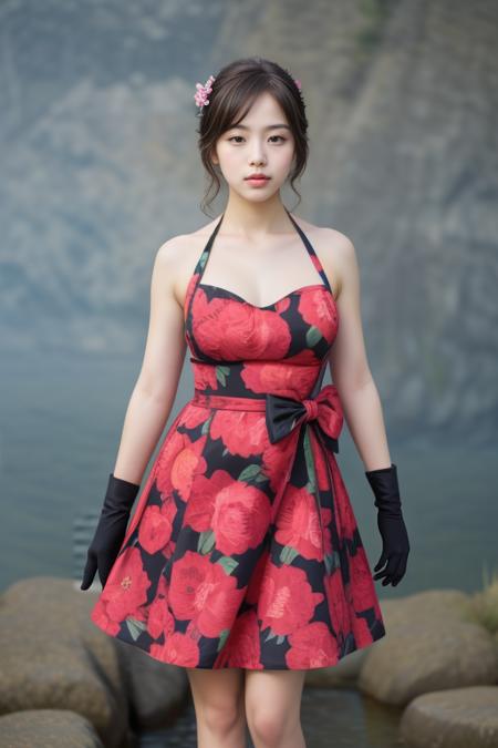 1woman, realistic, masterpiece, full body shot, scenic view
waist bow dress, elbow gloves, halter dress, floral print
<lora:Halter_Dress_By_Stable_Yogi:1>