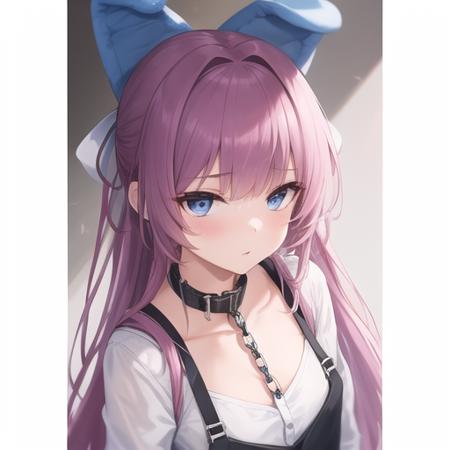 (masterpiece, best quality:1.2),illustration,8k,hd,1girl,solo,upper body,(portrait:1.2),purple_hair,blue_eyes,very_long_hair,animal_ears,bangs,fake_animal_ears,ribbon,hair_ribbon,hair_ornament,ponytail,white_shirt,suspenders,white_thighhighs,black_shorts,short_shorts,suspender_shorts,chain,collar,bound,<lora:Tashkent-Captivity(azur)>,