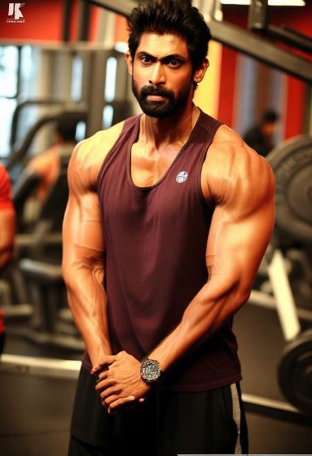 4k, Sendhil Ramamurthy a man <lora:rana-daggubati_Sendhil-Ramamurthy:1> in the gym, sweaty, muscular, abs, pecs, slight smile, back to camera, flexing, guys in the background admiring him.