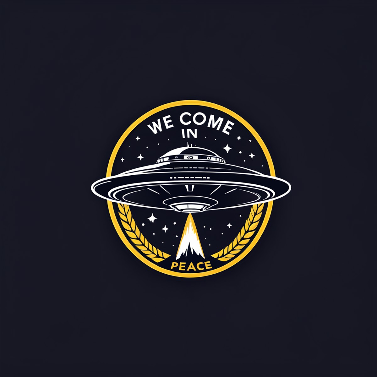 logomkrdsxl, spacecraft,  logo, vector, text "we come in peace",  <lora:logomkrdsxl:0.8>, best quality, masterpiece,