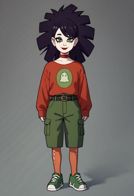 JaniceCS, dark purple hair, green eyes, pale skin, black eyeliner, red lipstick red spike choker red long-sleeve shirt with green-circle-ghost-logo black belt, buckle, green cargo shorts orange stockings black white shoes <lora:JaniceCS:1>