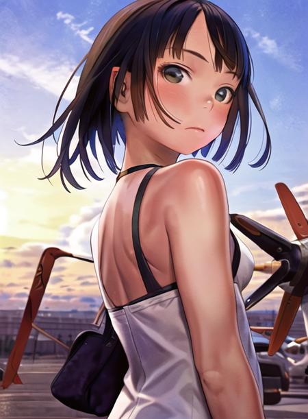 (1girl), sunset, closed mouth, many aircraft,looking away, <lora:renji_murata:0.87>