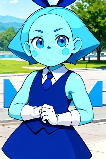 AquaM, solo, 1girl, smile, cirno, blue footwear, wings, blue eyes, blue skirt, hair bow, teardrop facial mark, blue hair, blue skin, necktie, blue cirno,  short hair, sleeveless, white gloves