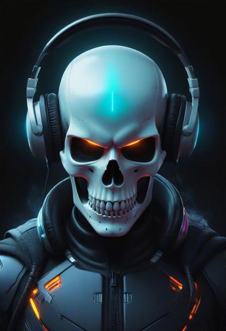 A cybernetic marvel unfolds: A skull adorned with headphones emerges in front of a dark background, creating a ghostpunk aesthetic in this epic digital art piece. This professional and captivating portrait captures the essence of a DJ in the cyber realm, radiating a synthwave vibe. The combination of a death skull and fantasy elements results in a beautiful digital artwork that stands out as the best on ArtStation. This smooth and detailed creation, portraying a night-time raid, exemplifies great digital artistry. With its blend of scary yet colorful elements, this trending digital art piece epitomizes the portrait of a cyber skeleton in a mesmerizing and haunting manner.