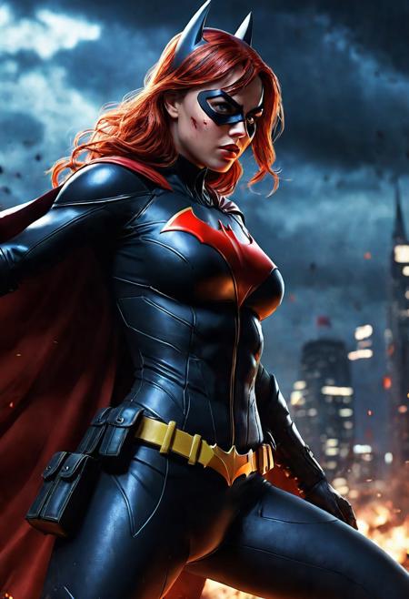 High resolution ultra-realistic of beautiful realistic  Batgirl is fighting a battle, cinematic style, standing on a bloody and stormy battlefield in a fighting pose, bloody massacre, realistic modern combat costume, black mask, red cape, perfect athletic figure, wavy red hair, handsome dirty bloody face, beautiful perfect detailed pupils, wet oily shiny skin, covered in dirt and blood, beautiful firm Breasts, defiant and seductive, sexy 20 year old girl, 8k resolution concept art portrait by Greg Rutkowski, Dark Gotham City, realistic blue eyes, full body, Artgerm, WLOP, Alphonse Mucha, dynamic lighting, hyperdetailed, intricately detailed, Splash art trending on Artstation triadic colors, Unreal Engine, 5 volumetric lighting, Cinematic Lighting, intricate, smooth, sharp focus digital painting, Asymmetrical Balance, painting, dynamic lighting