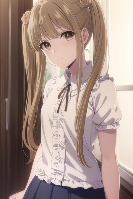 norikokamomebata, <lora:noriko kamomebata s1-lora-nochekaiser:1>,
noriko kamomebata, long hair, blonde hair, brown hair, hair ornament, twintails, (brown eyes:1.5), flower, hair flower,
BREAK skirt, shirt, ribbon, short sleeves, frills, shoes, socks, puffy sleeves, black skirt, neck ribbon, white socks, mary janes, frilled socks,
BREAK indoors, classroom,
BREAK looking at viewer, (cowboy shot:1.5),
BREAK <lyco:GoodHands-beta2:1>, (masterpiece:1.2), best quality, high resolution, unity 8k wallpaper, (illustration:0.8), (beautiful detailed eyes:1.6), extremely detailed face, perfect lighting, extremely detailed CG, (perfect hands, perfect anatomy),