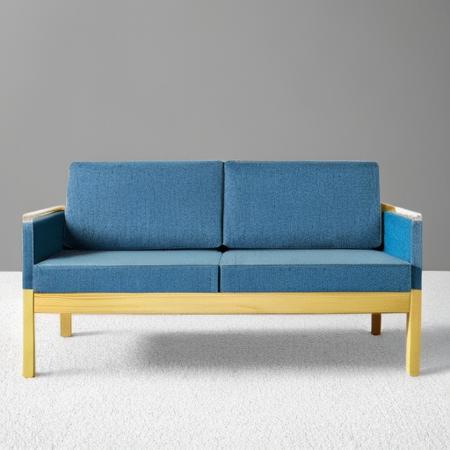 artek, Solid birch, Fabric upholstery and PU foam,a blue couch with a wooden frame and a blue cushion on it's back end, on a white background