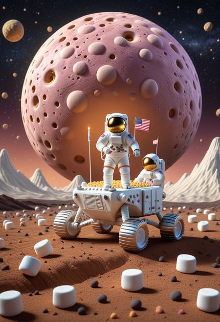 A highly detailed, cinematic-style digital illustration of a whimsical moon landing scene reimagined on a giant toasted marshmallow. The surface of the moon is soft, golden-brown with lightly scorched edges and gooey, melted marshmallow craters glistening under soft space light. Two astronauts in white, slightly stylized space suits bounce weightlessly on the pillowy terrain, one planting a flag into the marshmallow ground. A futuristic lunar rover made from shiny candy parts with licorice wheels and jellybean controls sits nearby. The distant Earth glows in a star-studded, pastel-colored sky, casting a gentle cosmic glow. Scattered chocolate-like meteor fragments dot the landscape. The lighting is dreamy and radiant, with warm highlights on the marshmallow textures and space gear, creating a magical and surreal atmosphere. Rendered in 3D style, with ultra-realistic sugary textures, soft focus depth of field, pastel tones, vibrant color grading, and an epic wide-angle composition evoking wonder and playfulness.