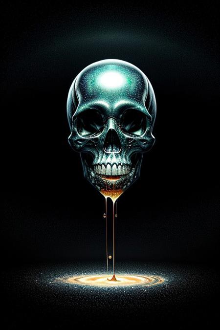 A close-up photorealistic image of a crystallic floating skull facing the viewer with its mouth open, pouring from it's mouth a shimmering liquid resembling the universe onto the ground, filled with rich stars and swirling galaxies. A simple void background enhances the dark atmosphere, shrouded in fog, capturing the hypnotic flow and shimmer of the cosmic liquid, indian view,