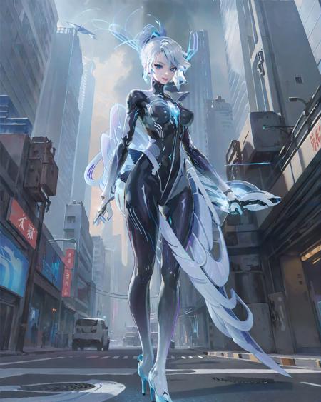 (1girl),masterpiece,best quality,<lora:JialuoLoraXL:0.85>,blue eyes,bodysuit,short white hair,slight smile,looking at viewer,full body,high heels,cyberpunk city background,running on street,