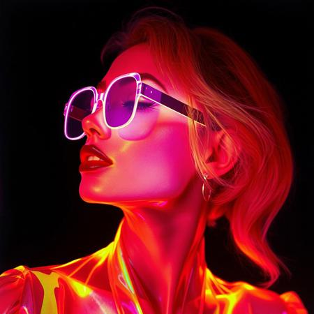 model , crystallisation, schizophernia, bioluminescent Jem the Hologram, surreal psychedelic flowing avant-garde art by Yoh Nagao and Erik Madigan Heck and Alan Aldridge, 1980's new wave totally radical fashion.,side view, side eye,