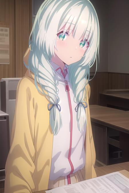 koharuootori, <lora:koharu ootori s1-lora-nochekaiser:1>,
koharu ootori, long hair, bangs, (green eyes:1.3), hair ribbon, braid, white hair, blue ribbon, hair over shoulder,
BREAK shirt, long sleeves, white shirt, collared shirt, hood, sleeves past wrists, hoodie, yellow jacket,
BREAK indoors, classroom,
BREAK looking at viewer,
BREAK <lyco:GoodHands-beta2:1>, (masterpiece:1.2), best quality, high resolution, unity 8k wallpaper, (illustration:0.8), (beautiful detailed eyes:1.6), extremely detailed face, perfect lighting, extremely detailed CG, (perfect hands, perfect anatomy),