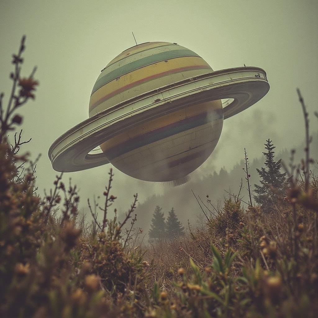 RetroFutureDystopia, (by Vincent Di Fate:1.0) , vegetation, Symbolic Greek (Planetary rotation:1.2) , sleek, covered in Fog, at Sunrise, Realistic, 60s Art, soft lighting, modern