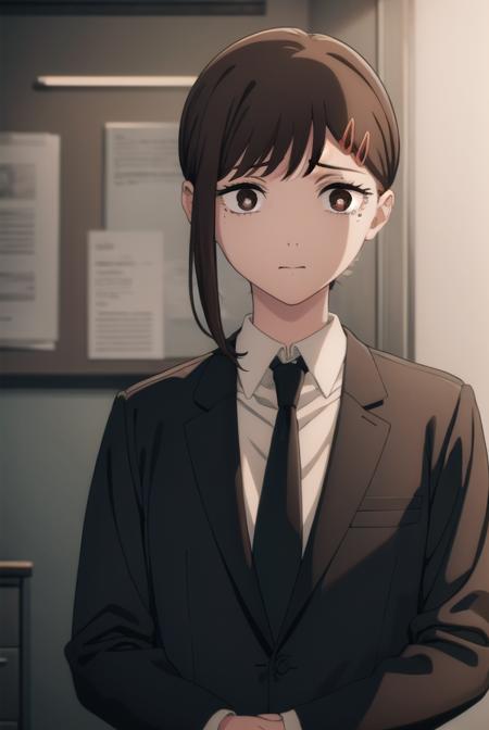 kobenihigashiyama, <lora:kobeni higashiyama s1-lora-nochekaiser:1>,
kobeni higashiyama, black hair, hair ornament, hairclip, mole, mole under eye, ponytail, short hair, (brown eyes:1.5),
BREAK black necktie, black pants, business suit, formal, long sleeves, necktie, pants, suit, 
BREAK indoors, office,
BREAK looking at viewer, (cowboy shot:1.5),
BREAK <lyco:GoodHands-beta2:1>, (masterpiece:1.2), best quality, high resolution, unity 8k wallpaper, (illustration:0.8), (beautiful detailed eyes:1.6), extremely detailed face, perfect lighting, extremely detailed CG, (perfect hands, perfect anatomy),