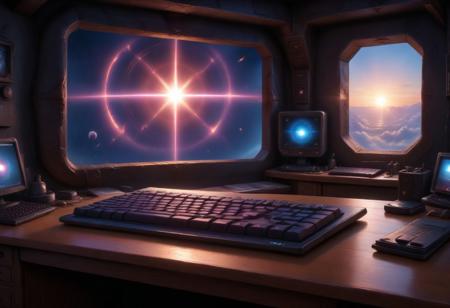 (Isekai anime style,manga,animw,best quality,,up_8,up_9,8k,master_class,masterpiece,real good,totally awesome.vibrant colors,perfect beautiful early morning light)l. The space ship's computer (with keyboard).