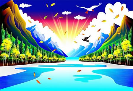 a very detailed illustration of a cinematic landscape of nature, majestic mountains, river, gorgeous trees with falling leaves, daylight, blue sky with a few white clouds, birds flying far away in distance, bright colors, abstract liquid color from dark, perfect composition, pen and ink, oil painting style