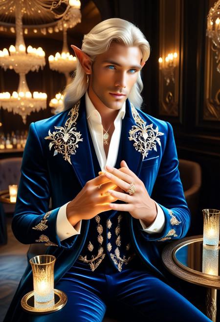 DonM3lv3sXL, lazypos, lazyhand
 (magical, whimsical, fairytale, fantasy), Strikingly handsome elven man with chiseled features and piercing blue eyes, long flowing pearlescent sheen over silver-blond hair, wearing a midnight-blue velvet coat made of l1qu1dp34rl, pearlescent, with metal pearlescent silver filigree embroidery, high-collared dark silk shirt with subtle pearlescent arcane runes, tailored waistcoat with gold pearlescent celestial embroidery, silver crescent moon cufflinks with pearlescent shine, lounging in a dimly lit enchanted bar with warm golden lighting, plush velvet seating, glowing enchanted glassware with shimmering pearlescent elixir, ambient magical pearlescent wisps drifting through the air, intense and enigmatic gaze, magical and whimsical fantasy atmosphere