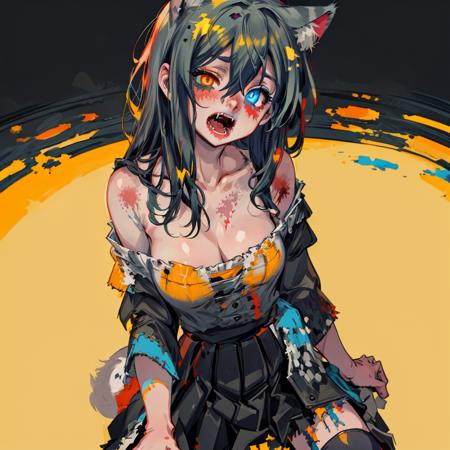 (best quality, masterpiece1.2), (detailed eye:1.2), intricate detail, depth of field, cat ear, 1girl, standing, upper body, paw pose, curly hair, fang, off shoulder, heterochromia, s freckles, blush, skirt, large breasts, kneehighs, from above, kneeling, open mouth, fangs,<lora:ZombieAnimationV1:0.85>,zombie,