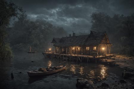 Hyperrealistic art , masterpiece,  a medieval dilapidated ferry station with a rope stretched across the river and a raft in dense fog. on each riverbank a wet landing stage where a lantern is burning. the ferryman stands on the raft and steers the raft. rainy day, dark cloud, fog rising,  gloomy, spooky atmosphere,
(darkness:4.0) , midnight,  dark, dangerous, ghostly, spooky, scary, horror, mystical, creepy,  <lora:add-detail-xl:1.8>,
 Ultra-HD-details, true to life, HDR image, High detail resolution, high detailed cloth, cinematic lighting, realistic, sharp focus, (very detailed), ((4K HQ)), depth of field, f/1.2, Leica, 8K HDR, High contrast, bokeh, realistic shadows, vignette, epic, . Extremely high-resolution details, photographic, realism pushed to extreme, fine texture, incredibly lifelike . Extremely high-resolution details, photographic, realism pushed to extreme, fine texture, incredibly lifelike