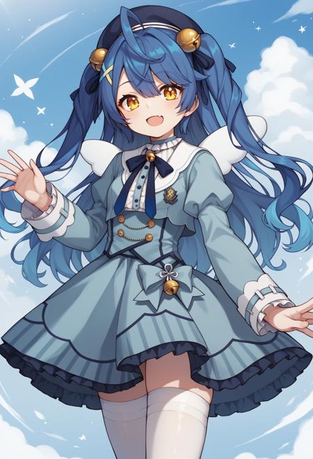 akokoro, ribbon, hair bell, x hair ornament, two side up, skin fang beret, dress, blue dress, long sleeves, jingle bell, wings, thighhighs, white thighhighs, black footwear