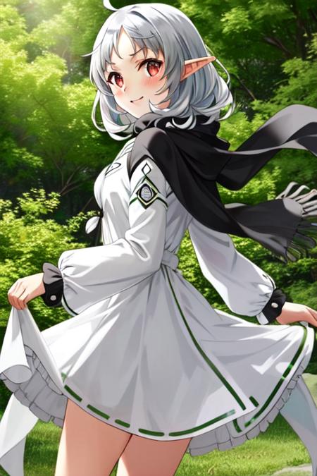 masterpiece, best quality , \(red eyes:1.2\), silver hair,  \(Sylphiette:0.8\),  ahoge, small breast , short hair, white dress, long sleeves, elf ears,  floating hair,  short white European sundress with black trim, (white puffy sleeves:1.1576),  (white long sleeves:1.1576), tan wicker belt , sailor collar black , white knee high boots , (green adventuring shawl:1.5),