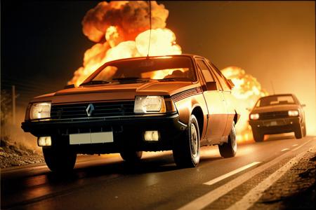 analog gloomy photo of a red Renault Fuego car, <lora:fu3g0:1>, racing down a road at night, apocalyptic, fire and smoke, traces of missiles in the sky, explosions in the back, desert, High Detail, Sharp focus, ((photorealism)), realistic, best quality, 8k, award winning, dramatic lighting, epic, cinematic, masterpiece