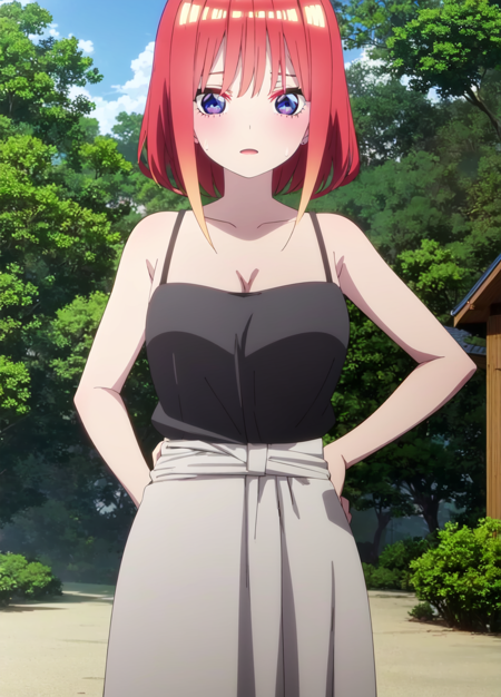 1 girl, nino, nino nakano, tall, adult, mature, season2, red hair, short hair, butterfly hair ornament, hands on waist, (black bra:1.2), black panties, nsfw, lewd, sexy attire, revealing clothes, looking at viewer, beach background, sky, anime screencap, anime coloring, very colorful, 8k masterpiece, blue eyes, standing, (waifu, anime, exceptional, best aesthetic, new, newest, best quality, masterpiece, extremely detailed:1.2),, masterpiece, best quality,<lora:Quints-50:1>