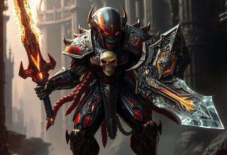 A fearsome Alien Stealthbuster strides forward with lethal purpose, its crimson-and-ebony battle armor gleaming with ornate gold filigree. The warrior's terrifying visage is accentuated by a glowing skull emblem on its chest plate, pulsing with otherworldly energy. In its right hand, a massive crystalline sword crackles with power, while its left arm bears an angular shield humming with defensive force fields.Blends H.R. Giger's biomechanical horror with Syd Mead's futuristic designs. The armor's skeletal motif recalls Dark Souls boss aesthetics, while the fortress architecture evokes Warhammer 40K's gothic grandeur.
Created as a flagship character for AAA sci-fi games or blockbuster film concept art. Currently trending on ArtStation for its: