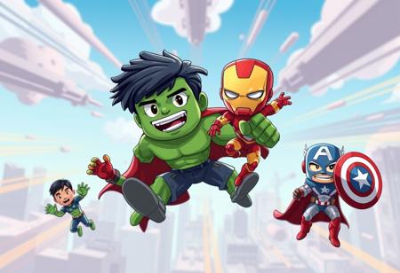 Create a cartoon super hero mini version, like mini people, mini hulk, mini ironman, and mini captain america, dynamic action, the fly from huge bomb expands. colorful and impressive cartoon view.