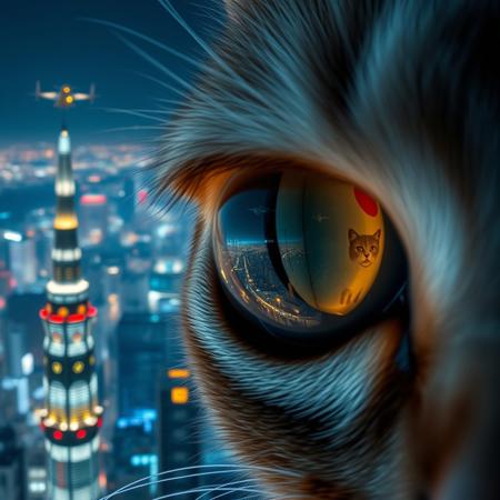 extreme close up portrait of a cat's eye reflecting the a futuristic Tokyo skyline at night from a very high level, the skyline is with futuristic skyscrapers and futuristic transports and futuristic aircraft and spaceships in a variety shapes and sizes, the airships covered with lights and advertisements in Japanese,  reflecting in the cat's eye is a huge airship that has an advertisement with a Japanese cat on the side, the cat's eye has takes up 85% of the image