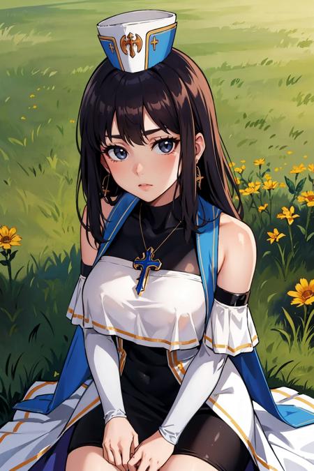 masterpiece, best quality, <lora:dnfcrusader-nvwls-v1-000010:0.9> dnfCrusader, hat, cross necklace, cross earrings, black dress, detached sleeves, large breasts, cowboy shot, seiza, looking at viewer, furrowed brow, from above, field