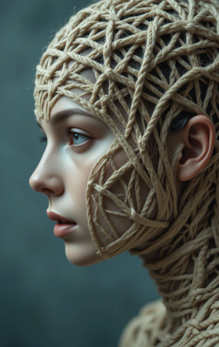 A close-up portrait of a young woman, her face and head intricately wrapped with thick, light beige rope or yarn.  The strands are densely interwoven, creating a textured, almost organic, structure that completely covers her head, face, and neck.  She appears posed in profile view, with her gaze directed slightly off to the side.  The light beige tone of the rope contrasts with the deep teal-gray background, which is soft and slightly out of focus, drawing attention to the intricate detail of the rope on the woman's face and head.  There is a certain impressionistic quality to the image, making the textures and details very visible, showcasing a focus on the head and facial features. The woman's complexion seems pale, and her lips are a muted reddish-pink.  Her eyes have a striking blue color. The overall feel is unsettling and mysterious, with hints of a macabre aesthetic.