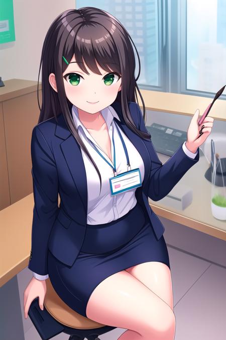 (masterpiece, best quality), highly detailed background, perfect lightingbest quality, kamijourui, solo, indoors, office, office lady, black hair, half updo, hairclip, hair ornament, bangs, very long hair, green eyes, id card, blue jacket, white shirt, sleeves rolled up, blue skirt, pencil skirt, closed mouth, :), pink lips <lora:Kamijou-Rui:0.7>