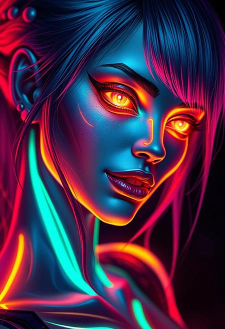 A gorgeous woman with a luminous digital aura lighting up the darkness, the ethereal figure of a digital painting evocative of a distorted human figure with vibrant neon eyes, (glowing eyes:1.1), heart shaped face, macabre appearance and a cunning smile. Vibrant hair. This stunning image is a digital painting, meticulously created with vibrant colors and striking details. Her sleek, futuristic design exudes a sense of otherworldly beauty, with glowing neon accents that seem to pulse with energy. Every pixel is carefully rendered, capturing the character's mysterious and alluring presence in exquisite detail. This mesmerizing image invites viewers to get lost in a dreamlike realm of imagination and technology. ((glowing neon lipstick)), masterpiece, highly detailed, harmonious colors, ((half body angle:1.5))
