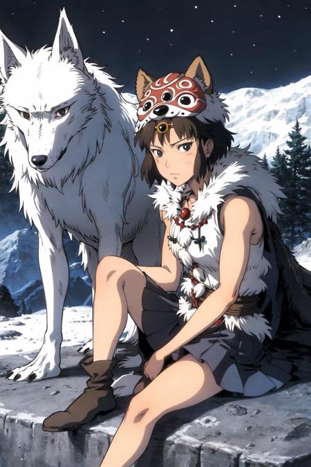 san (mononoke hime), 1girl, animal, black eyes, black hair, dog, fur, mask, mask on head, night, night sky, oversized animal, pelt, short hair, sitting, skirt, snow, solo, weapon, wolf