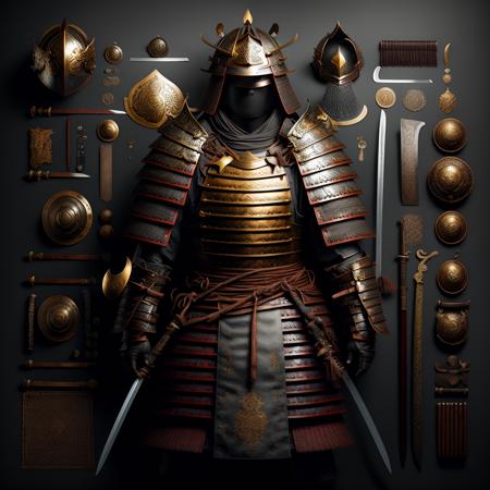 masterpiece, best quality, eaba, weapon, sword, shoulder armor, sheathed, samurai, sheath, solo, grey background, concept art, helm, standing