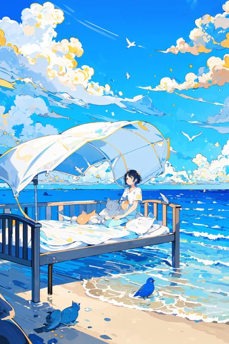 (masterpiece:1.2), best quality,PIXIV, 
fairy tale style, 1girl, cloud, solo, sky, blue theme, bed, black hair, cloudy sky, wide shot, sitting, water, short hair, short sleeves, dress, cat, bird, hospital bed, blue sky, outdoors, ocean, horizon
 <lora:fairy tale style-000016:0.6>