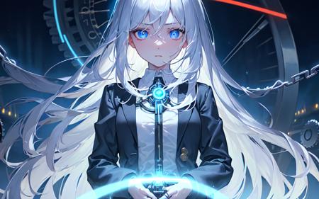 (best quality, masterpiece), (1girl, solo, dress shirt, jacket, expression face, standing, looking at viewer, blue eyes, long hair, upper body), (black room, glowing blue electromagnetic wave clock behind, blowing wind, glowing red chain ring behind,cogwheels, clockwork),