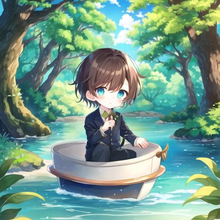 chibi, masterpiece, best quality, fantasy, forest, trees, sky, lake, bush, flower, 1boy, brown hair, aqua eyes, suit  <lora:lora_m-concept_v0.1ep14:0.92>