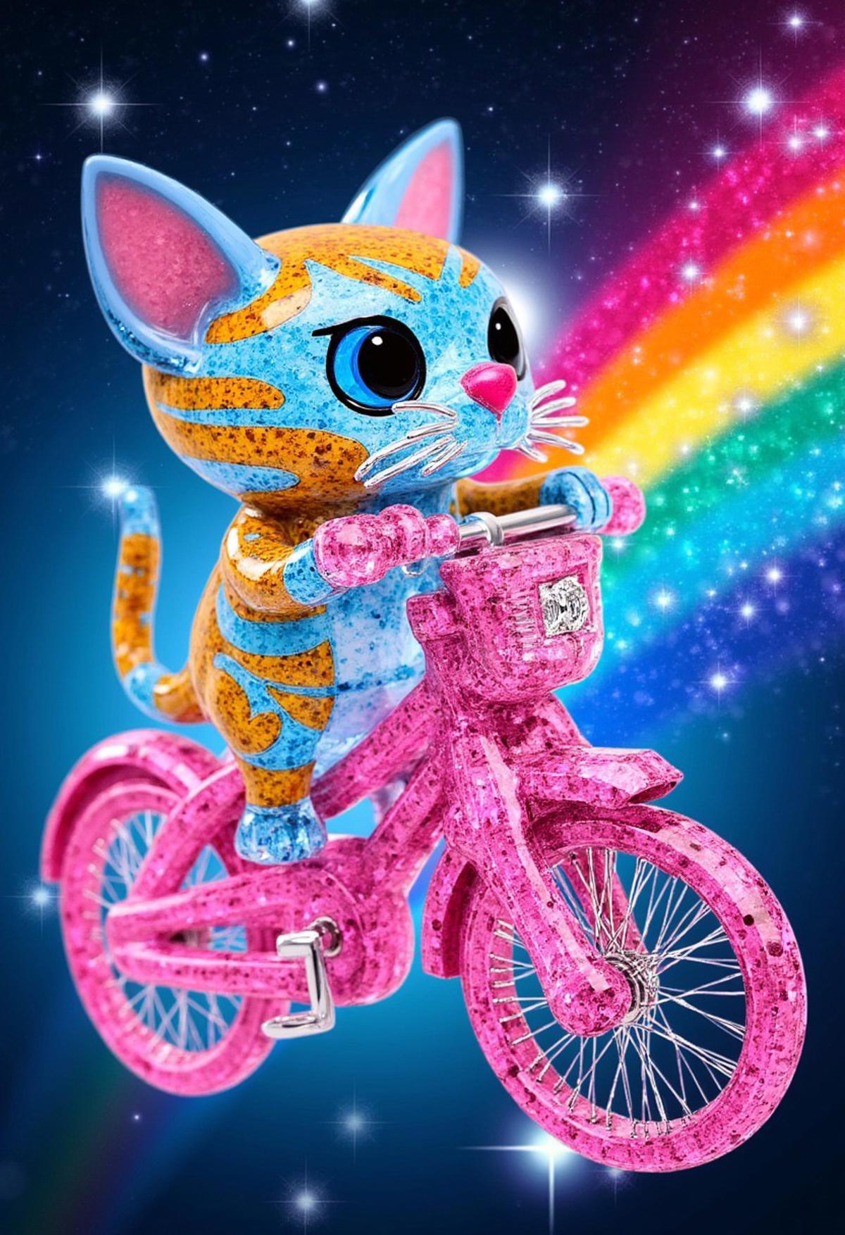 made of crystal, A blue and orange striped cat inside of a pink bicycle basket flying through rainbow space, leaving a sparkly trail, viewed from side, best quality, masterpiece,