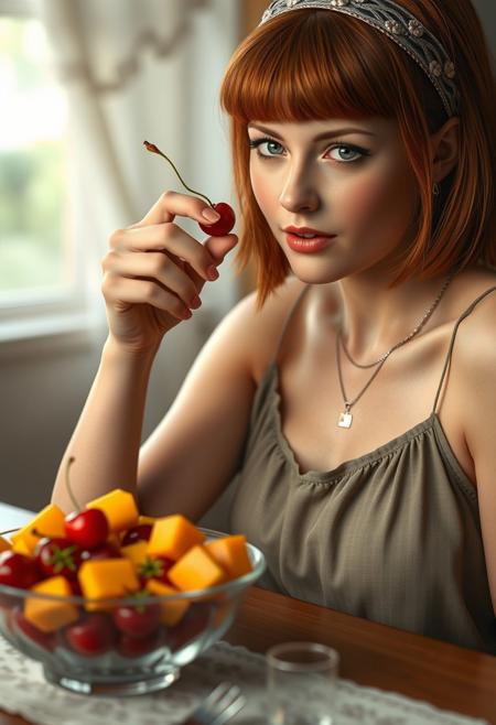real life realistic,  beautiful woman at a table, bowl of fruit  on the table, women looking at viewer lovingly as one lifts a cherry to her open mouth.  One  hand is on the cheek touching a curl of hair at the front of her ear.  red-haired Irish, small breasts, sleeveless blouse  headband, necklace , bangs,  short hair.
score_9, score_8_up, very detailed, detailed eyes,  high detailed texture, realistic, photorealistic, perfect eyes, real life realistic, Expressiveh, Stable_Yogis_PDXL_Positives, midjourneylora, detailed background, dynamic angle, volumetric lighting, godrays, beautiful, small breasts, green eyes,