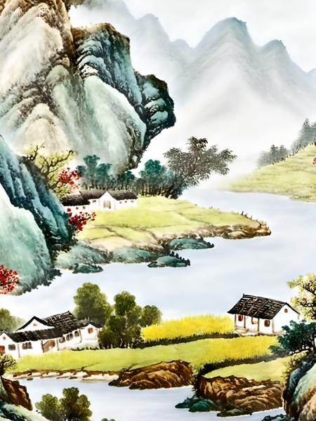 Chinese porcelain painting,Mountain peaks, farmhouses, creeks, <lora:Chinese_porcelain_painting_V1:1>