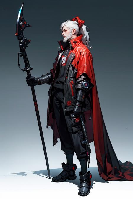 HEZI,(Cyberpunk:1.5),(Character design:1.2),science fiction,game characters, solo, 1boy, male focus, facial hair, beard, holding, hat, standing, gauntlets, mustache, red eyes, full body, old man, armor, grey hair, black background, cape, weapon, boots, old, holding weapon, fire, black headwear, hat feather, white hair, glint, gradient, simple background, dripping, gradient background, black footwear, gem, looking at viewer, glowing, plume, greaves, tricorne, long sleeves, staff, gloves, long hair, red cape, pants, black pants, armored boots, shadow, holding staff, profile, holding polearm, ponytail, pointy ears, gold trim, black gloves, grey background, hand up, coat, medium hair,<lora:èµå:0.7>,