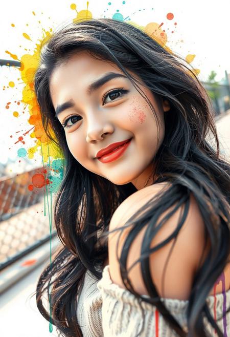 A vibrant and artistic watercolor illustration of a cool girl(A close-up, eye-level shot captures a young individual with long, dark, wavy hair, parted casually and framing a softly smiling face. Their head is tilted slightly, and their gaze is directed towards the viewer, creating an inviting and warm expression. The individual is wearing an off-the-shoulder top in a neutral, textured fabric, suggesting a comfortable and relaxed style. The natural light highlights their features, with a soft glow on their skin. In the blurred background, hints of an urban or industrial setting are visible, including what appears to be a chain-link fence and some sparse foliage, adding a subtle contrast to the subject's soft presence. The overall impression is one of gentle beauty and approachability in a casual outdoor environment.
), facing slightly to the left, rendered in an explosion of bright, splashy colors. Its black and white feathers are softly defined, blending seamlessly into washes of yellow, orange, blue, and teal, with dynamic paint drips extending downwards, suggesting movement and fluidity. Numerous colorful splatters and dots surround the creature, enhancing the joyful and abstract aesthetic. The overall impression is one of playful creativity, combining natural elements with a touch of contemporary flair in a visually striking, high-resolution digital painting with a clean white background.