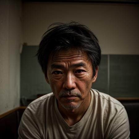 Gritty Portrait Photo of a weary,rugged individual sitting in a sparse,nondescript diner,his eyes betraying a sense of resigned acceptance,illuminated by the stark,fluorescent light overhead,from a close-up perspective,showcasing the film's exploration of fate,inevitability,and the changing nature of the world,<lora:more_details:0.7>,<lora:picxer_real:0.7>,asian face,aged up,